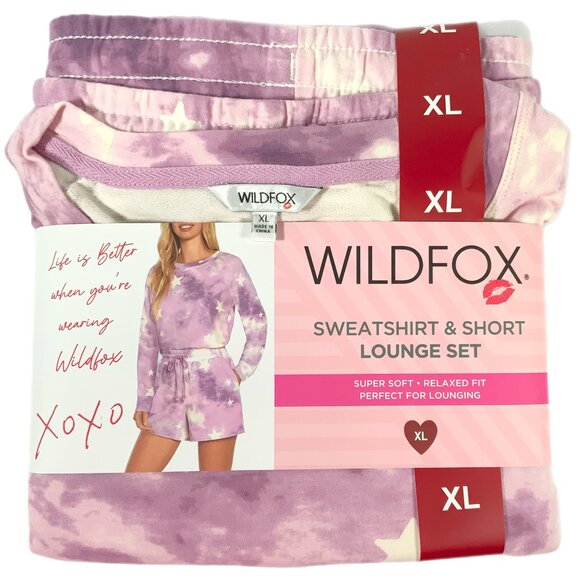 NWT Wildfox 2pc Lounge PJ Set Tie Dye Purple Stars Sweatshirt Shorts XL 18 20 - Picture 5 of 8